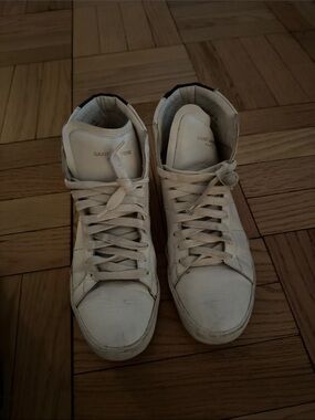 Saint Laurent Women Cream Leather High-Top Sneakers with Black Heel Tab